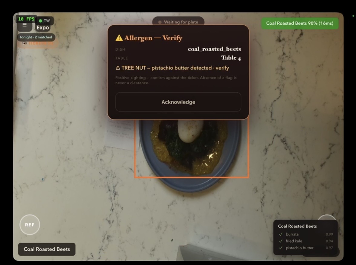 AyeQ allergen overlay at the pass — 'Tree nut: pistachio butter detected, verify' on a Coal Roasted Beets plate for Table 4